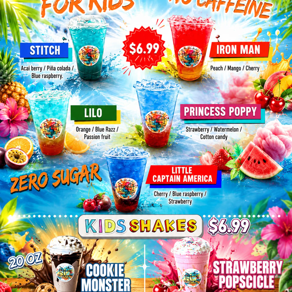 Kids' boba refreshers and shakes menu