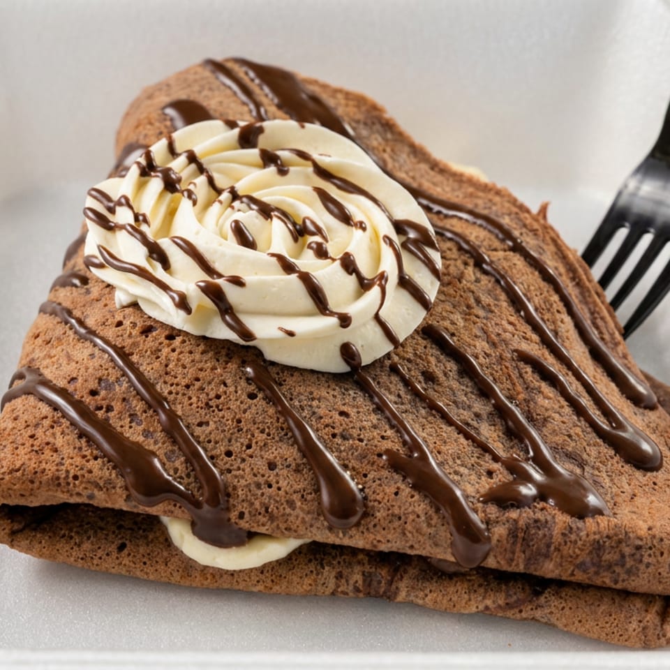 Chocolate crepe topped with whipped cream and chocolate drizzle, served on a white plate with a fork.