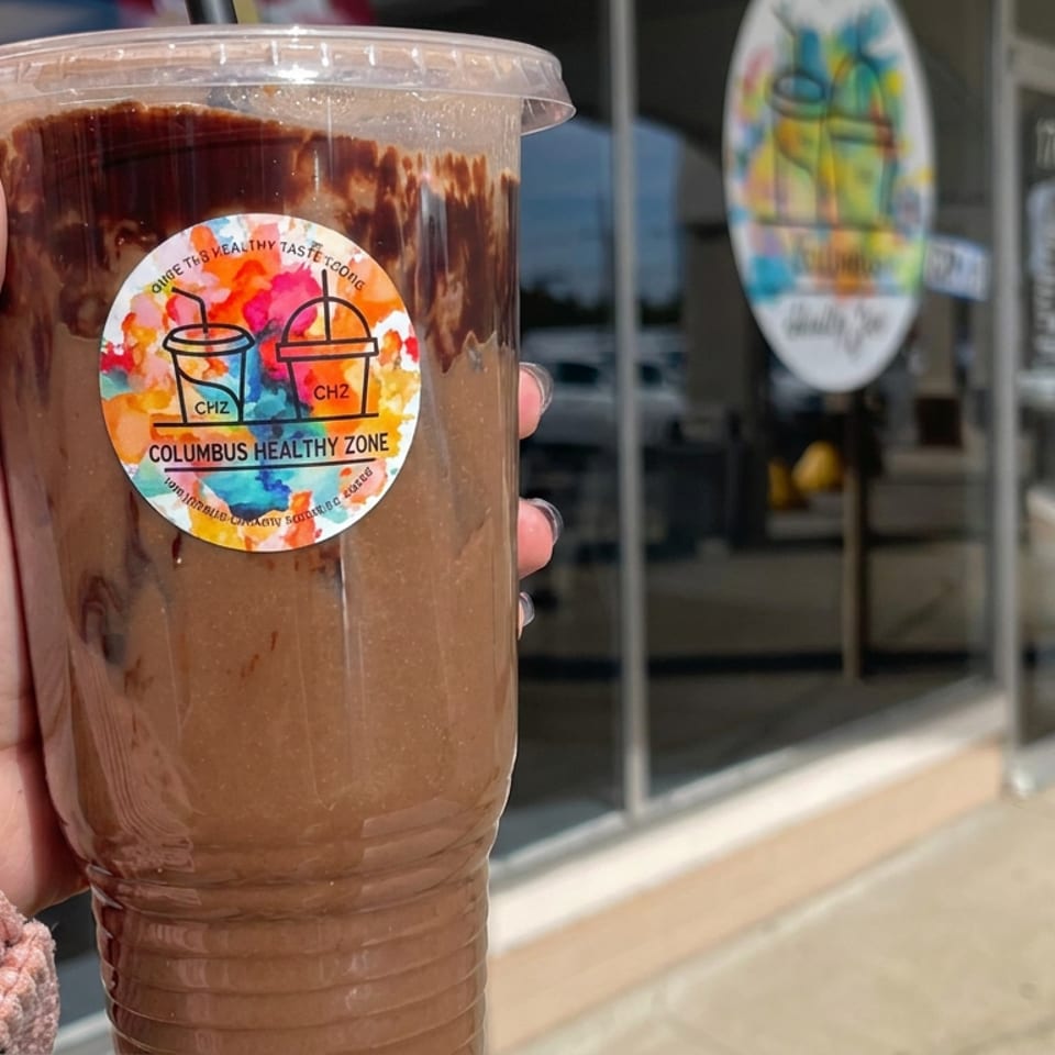 Hand holding a large chocolate smoothie in a branded cup outside a storefront.
