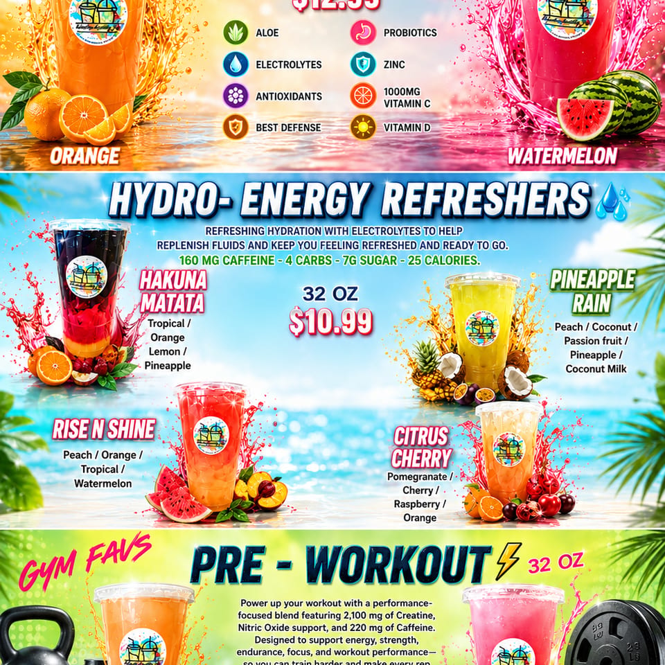 Immunity, hydration and pre-workout drinks menu