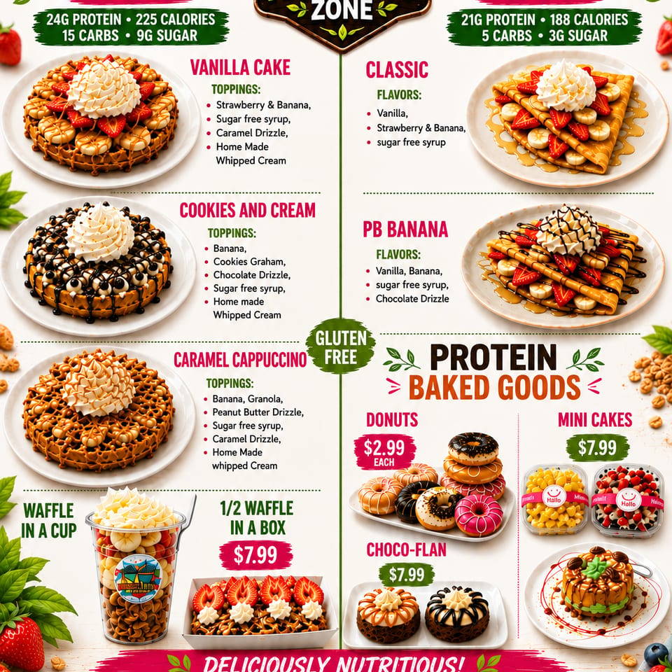 Protein waffles, crepes and baked goods menu
