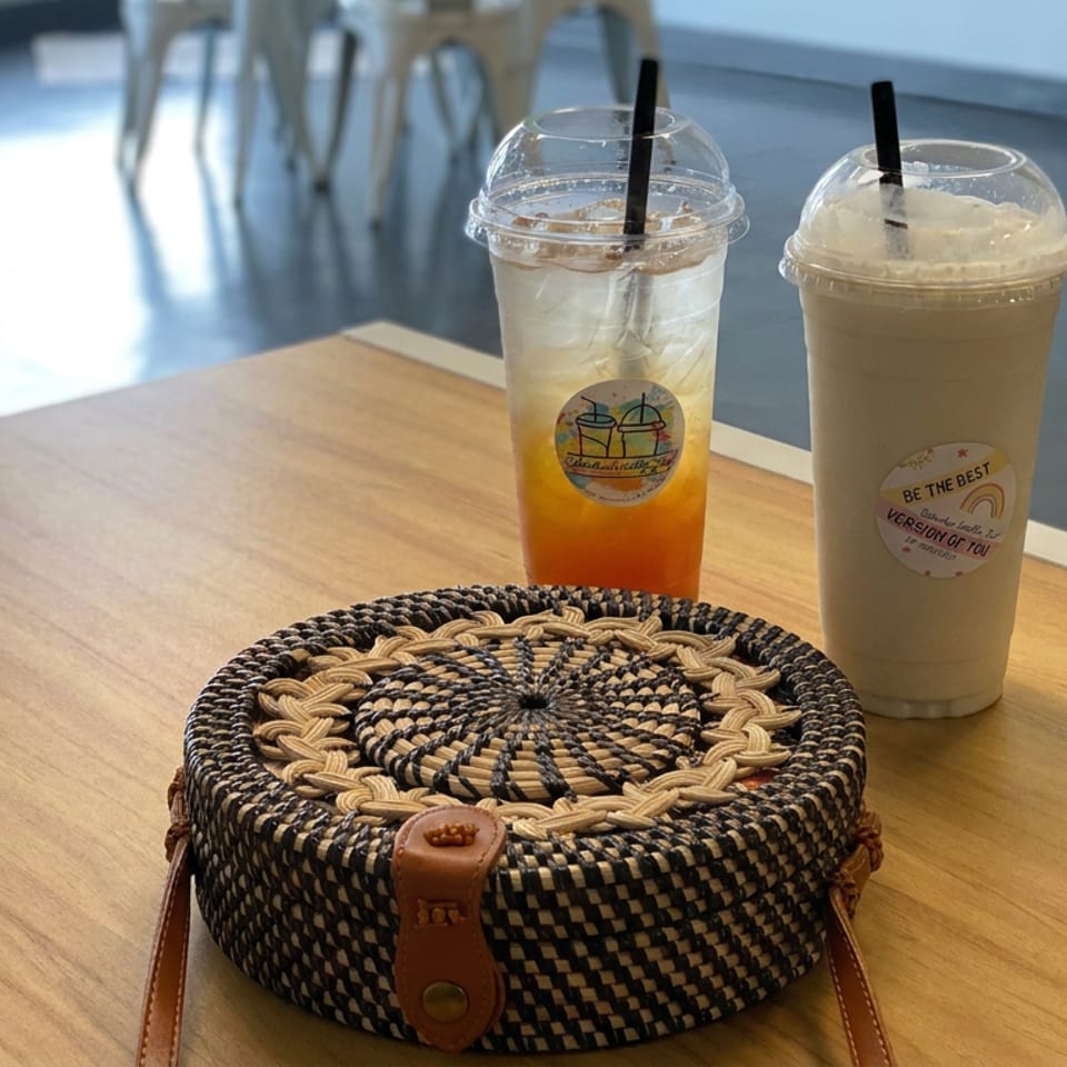 Woven round bag sits on a wooden table beside iced tea and a blended coffee drink in a bright café.